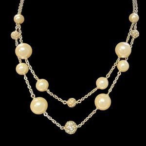2 Strand Faux Pearl & Rhinestone Ball Necklace Smallest Strand Measures 19" VTG